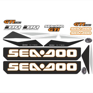 May include: A set of black and white Sea-Doo watercraft decals with orange accents. The decals feature the Sea-Doo logo, the text "Sea-Doo", "GTI", and "130", and the words "Intelligent Brake & Reverse".