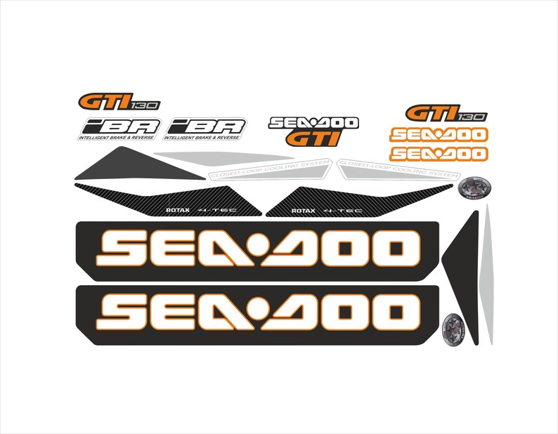 May include: A set of black and white Sea-Doo watercraft decals with orange accents. The decals feature the Sea-Doo logo, the text "Sea-Doo", "GTI", and "130", and the words "Intelligent Brake & Reverse".