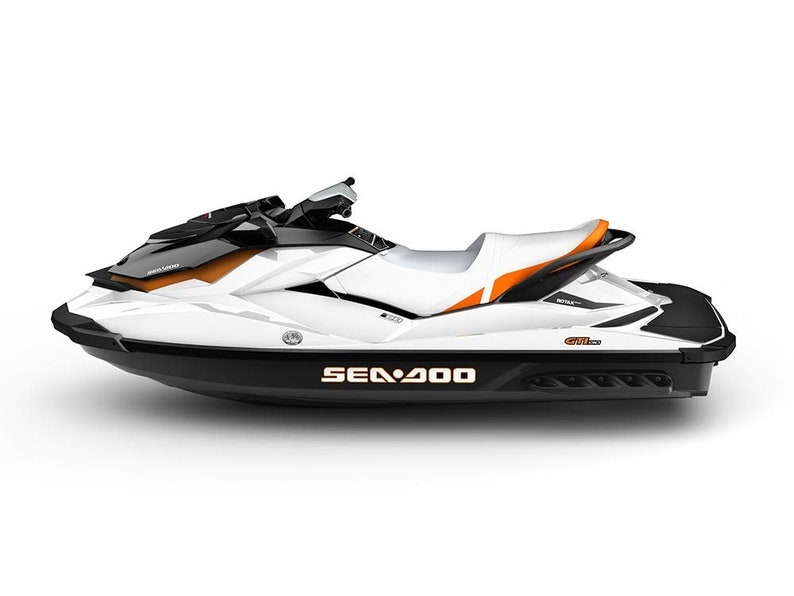 May include: A white and black Sea-Doo Spark watercraft with orange accents. The watercraft has a single seat and a black and white handlebar.