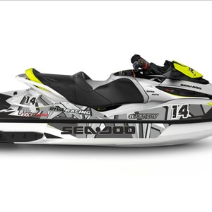 May include: A white Sea-Doo Spark jet ski with black and gray graphics. The jet ski has a yellow and black racing number "14" on the side. The jet ski also has the words "Riva Racing" and "Jet Pilot" on the side.