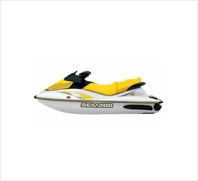 May include: A white and yellow Sea-Doo personal watercraft with black accents. The watercraft has a black seat and a black steering wheel. The Sea-Doo logo is visible on the side of the watercraft.