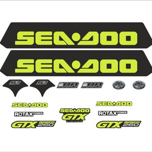 May include: A set of black and green Sea-Doo decals. The decals feature the Sea-Doo logo, the text "Sea-Doo", "GTX", "Limited", "260", and "Rotax Power".