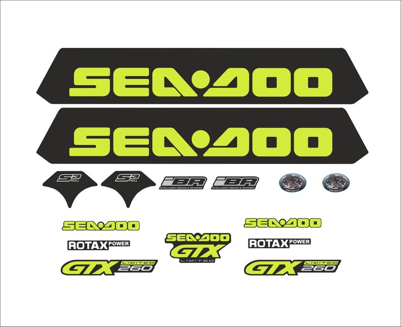 May include: A set of black and green Sea-Doo decals. The decals feature the Sea-Doo logo, the text "Sea-Doo", "GTX", "Limited", "260", and "Rotax Power".