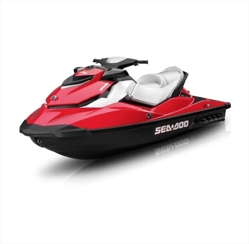 May include: A red and white Sea-Doo personal watercraft with a black seat and black accents. The watercraft is on a white background.