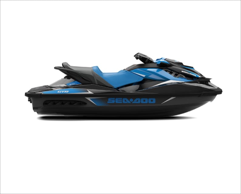 May include: A black and blue Sea-Doo GTR jet ski with the Sea-Doo logo on the side.