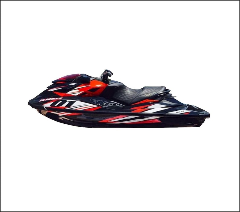 May include: A black and red jet ski with white racing stripes and the word "RXP" on the side. The jet ski has a black seat and a black steering wheel.