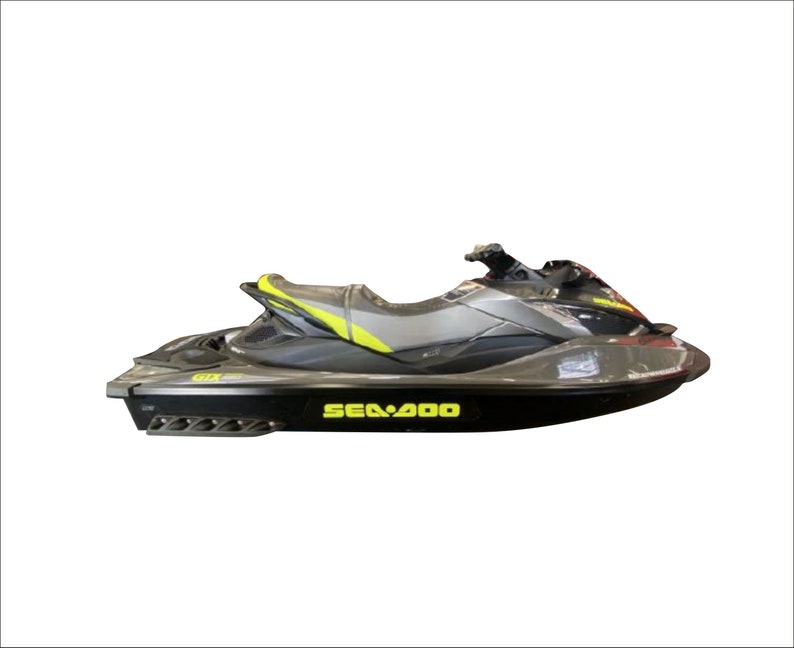 May include: A black and gray Sea-Doo personal watercraft with a yellow and gray seat. The watercraft has a black and gray hull and a yellow Sea-Doo logo on the side.