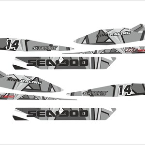 May include: A set of black and gray vinyl decals for a Sea-Doo watercraft. The decals feature a geometric pattern with the words "Sea-Doo", "Riva Racing", and "Jetpilot", along with the number "14".