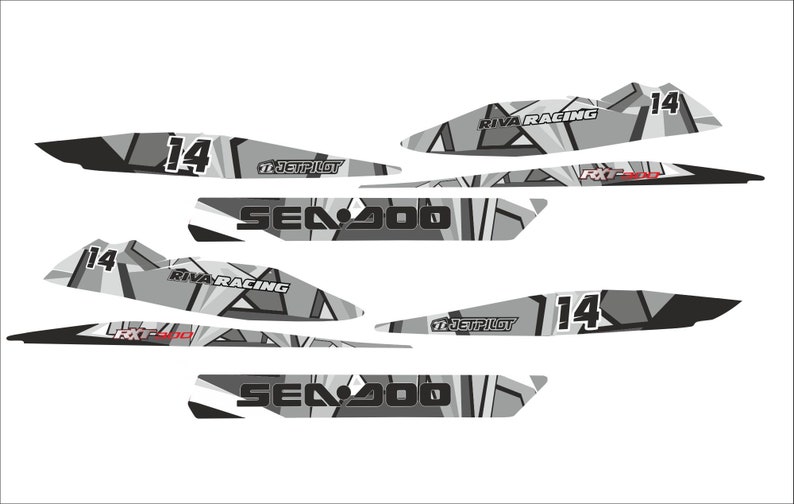 May include: A set of black and gray vinyl decals for a Sea-Doo watercraft. The decals feature a geometric pattern with the words "Sea-Doo", "Riva Racing", and "Jetpilot", along with the number "14".