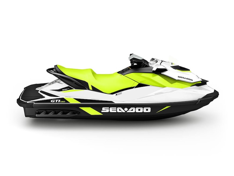 May include: A white and black Sea-Doo GTI 130 jet ski with a bright yellow seat. The jet ski has a black and yellow stripe on the side and the words "Sea-Doo" and "GTI 130" printed on the side.