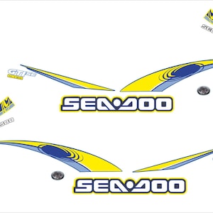 May include: A set of yellow and blue Sea-Doo decals with the text "Sea-Doo" and "GT155" in white. The decals are designed for a watercraft.