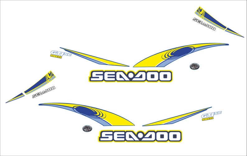 May include: A set of yellow and blue Sea-Doo decals with the text "Sea-Doo" and "GT155" in white. The decals are designed for a watercraft.