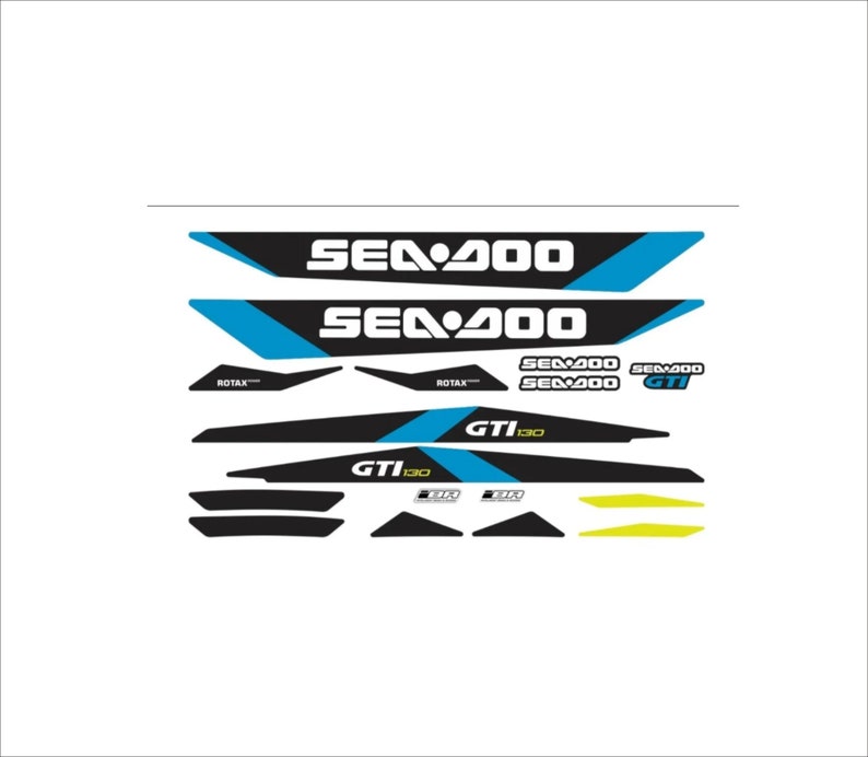 以下が含まれることがあります： 白地に「Sea-Doo」と「GTI 130」の文字が書かれた黒と青のステッカーセット。Sea-Doo水上バイク用です。