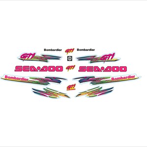 May include: A colorful Sea-Doo GTI Sea-Doo 911 sticker set with a black, white, pink, blue, green, and yellow color scheme. The stickers feature the words "Sea-Doo", "GTI", "911", and "Bombardier".