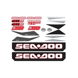 May include: A set of black and white decals with red accents for a Sea-Doo watercraft. The decals include the Sea-Doo logo, the model name "Sea-Doo", "GTISE", "BR", and "ROTAX 4-TEC".