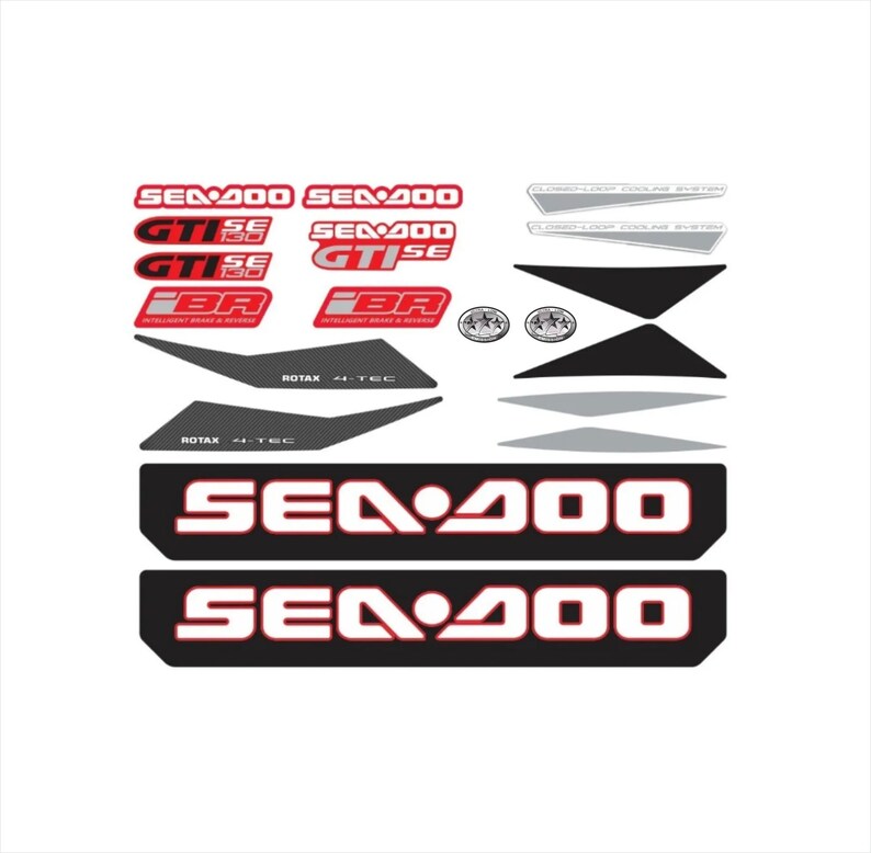 May include: A set of black and white decals with red accents for a Sea-Doo watercraft. The decals include the Sea-Doo logo, the model name "Sea-Doo", "GTISE", "BR", and "ROTAX 4-TEC".
