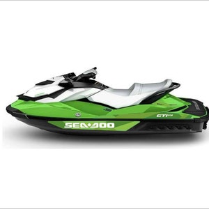 May include: A green and white Sea-Doo GTI 130 personal watercraft with black accents. The watercraft has a white seat and a black handlebar.