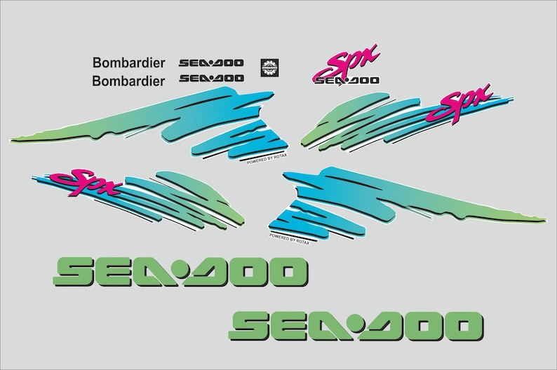 Puede incluir: Un conjunto de calcoman&iacute;as para moto acu&aacute;tica Sea-Doo en verde, azul y rosa. Las calcoman&iacute;as presentan el logotipo de Sea-Doo, las palabras "Sea-Doo" y "Spx", y el texto "Bombardier" repetido dos veces. Las calcoman&iacute;as est&aacute;n dise&ntilde;adas para una moto acu&aacute;tica Sea-Doo.
