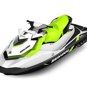May include: A white and green Sea-Doo GTI jet ski with black accents. The jet ski has a black and white Sea-Doo logo on the side.