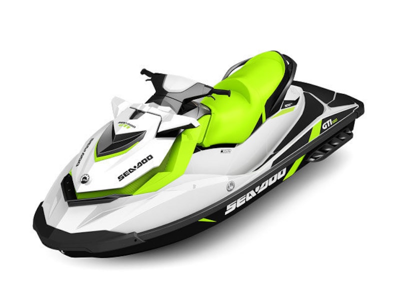 May include: A white and green Sea-Doo GTI jet ski with black accents. The jet ski has a black and white Sea-Doo logo on the side.
