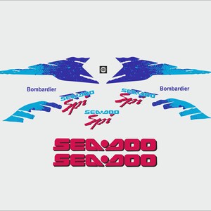 K&ouml;nnte beinhalten: Ein Satz blauer und wei&szlig;er Wasserfahrzeug-Aufkleber mit dem Text "Sea-Doo Spi" und "Bombardier". Die Aufkleber sind f&uuml;r ein Sea-Doo-Wasserfahrzeug konzipiert.