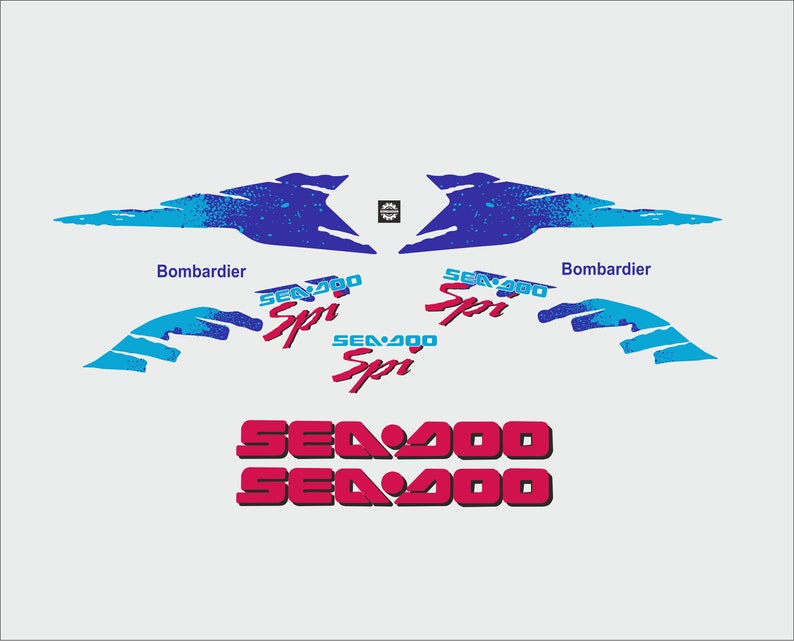 K&ouml;nnte beinhalten: Ein Satz blauer und wei&szlig;er Wasserfahrzeug-Aufkleber mit dem Text "Sea-Doo Spi" und "Bombardier". Die Aufkleber sind f&uuml;r ein Sea-Doo-Wasserfahrzeug konzipiert.