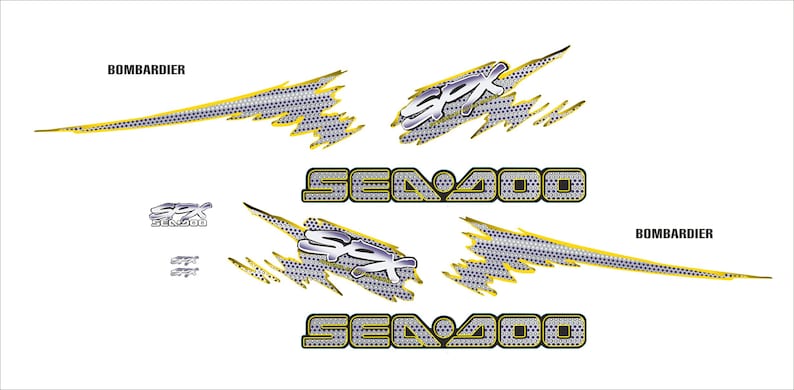 Puede incluir: Un conjunto de calcoman&iacute;as amarillas y plateadas para una moto acu&aacute;tica Sea-Doo. Las calcoman&iacute;as presentan el texto "Sea-Doo" y "SPX" junto con un dise&ntilde;o de rayo estilizado.