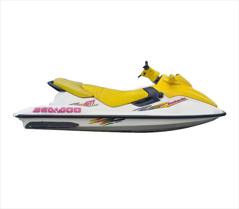 May include: A white and yellow Sea-Doo personal watercraft with a black seat and a Bombardier logo. The watercraft has a pink Sea-Doo logo and a colorful graphic design.