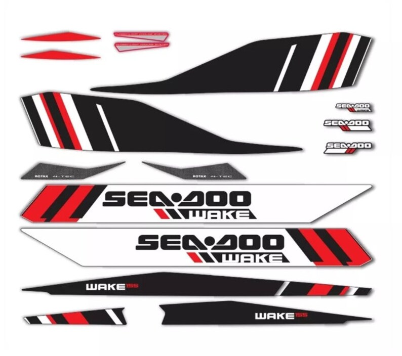 May include: A set of black, white and red Sea-Doo Wake 155 decals. The decals feature the Sea-Doo logo and the text "Sea-Doo Wake 155".