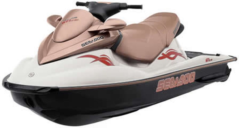 May include: A white and rose gold Sea-Doo personal watercraft with red accents and the text "Sea-Doo" on the side.