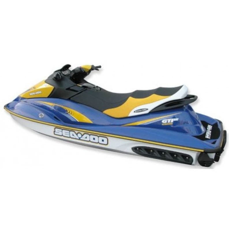 May include: A blue and yellow Sea-Doo personal watercraft with a white seat and the text "Sea-Doo" and "GTX" on the side.
