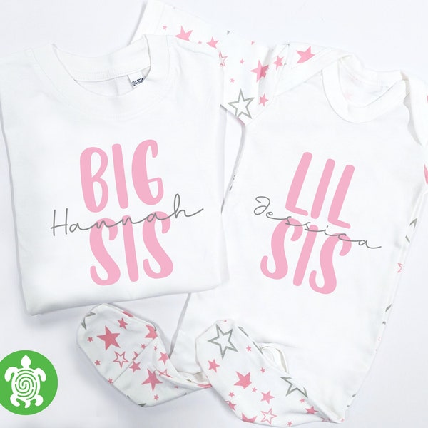 Personalised Girls Lil Big Biggest Sis Matching Set |  Baby Sleepsuit  | Sibling Brother | Children's T-shirt Clothing | Newborn Gift Set