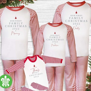 Luxury Our First Family Christmas Personalised Matching Red/ White Stripe PJ'S Set Toddler | Mum Dad | Men Women Pyjamas