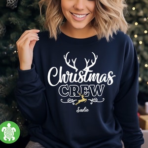 Christmas Crew Matching Navy Personalised Sweatshirt Set Gold Glitter Reindeer, Newborn Baby | Toddler Children's | Mum Dad | Men Women