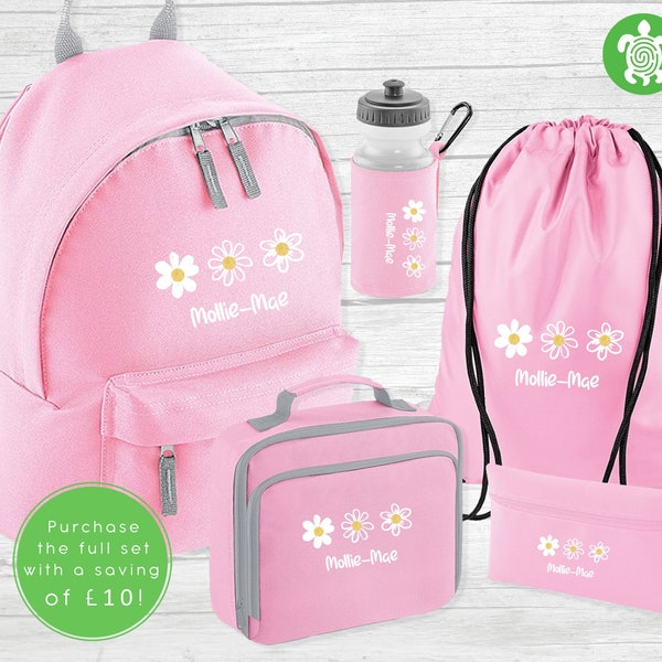 Personalised Daisy Back to School Essential Child's Pink Rucksack with Name| Lunch box | Water bottle | Pencil Case | PE | Backpack for Kids