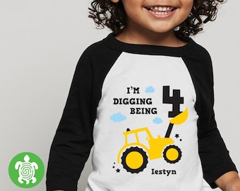 Digger Themed Birthday Party Top Tee |  Personalised Birthday Gift| White or 3/4 Sleeve Baseball T-Shirt | Personalised Any Age Birthday Top