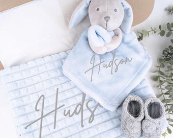 Embroidered Blue Grey Rabbit Comforter Blanket Gift Set | Baby Shower Gift | Baby Booties | Baby Gift | Newborn Girl Boy | Newborn Baby Gift