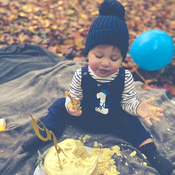 1st Birthday Organic Dungarees with Pocket, Party Outfit Personalised design with Gold/Blue Glitter Print Toddler Childs First Party Outfit