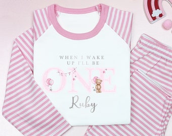 Watercolour Pink Teddy Bear Personalised 1st 2nd 3rd Birthday Girl Pyjamas When I Wake Up I'll Be Birthday, Birthday Nightwear