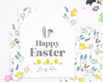 Personalised Pattern Easter Bunny & Little Chicks Pyjamas, Baby Childs Toddler Outfit, Boy Girl, Spring Design Children's PJ's Egg Hunt