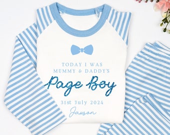 Page Boy Wedding Personalised Toddler Pj's, Special Occasion Mummy & Daddy's Page Boy Announcement Blue Stripe Stars Pyjamas