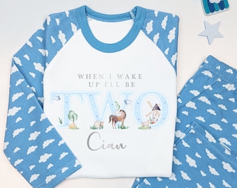 Watercolour Farm Animal 1st 2nd Birthday Pj's Personalised First Second Birthday When I Wake Up Blue Stripe or White Pyjamas