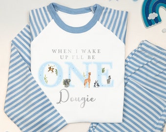 Safari Jungle 1st 2nd Birthday Pj's Personalised Blue First Second Birthday When I Wake Up Pyjamas, Any Age Birthday