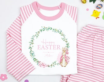 Happy Easter Pink or Blue Rabbit Wreath Personalised Pyjamas Easter Toddler Girls Boys Occassion Children's Easter Striped Pyjamas