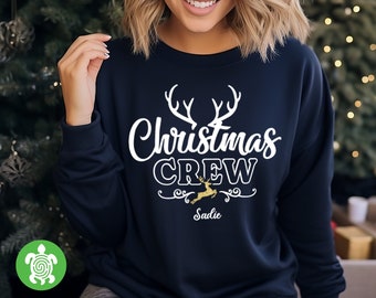 Christmas Crew Matching Navy Personalised Sweatshirt Set Gold Glitter Reindeer, Newborn Baby | Toddler Children's | Mum Dad | Men Women