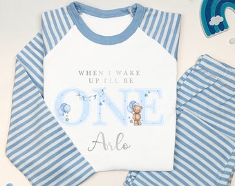 Watercolour Blue Teddy Bear Personalised 1st 2nd 3rd Birthday Boy Pyjamas When I Wake Up I'll Be Birthday, Birthday Nightwear