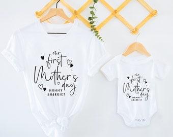 Matching Personalised Our First Mother's Day Mummy + Baby Toddler Girl Boy Matching Mum Mam Gift Set Babygrow T-shirt Mummy & Me