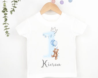 Teddy Bear Blue Birthday Boy Party T-shirt Top, Personalised 1st 2nd 3rd Birthday design with Metallic Silver Print Children's Clothing