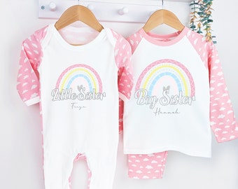 Rainbow Biggest, Big and Little Sister Personalised Announcement Pyjamas and Sleepsuit Matching gift Sibling Outfit Gift Pastel Print