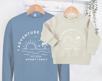 Adventure Buddies Seaside Matching Adults and Childs Sweatshirt Jumper Set, Father's Day, Mothers Day, Gift Baby Est Date, Matching gift